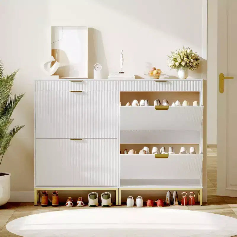 Fluted Shoe Storage Cabinet w/2 Flip Drawers, Slim Wood Shoe Organizer, Narrow Entryway Furniture w/Storage for Small Spaces, Hallway