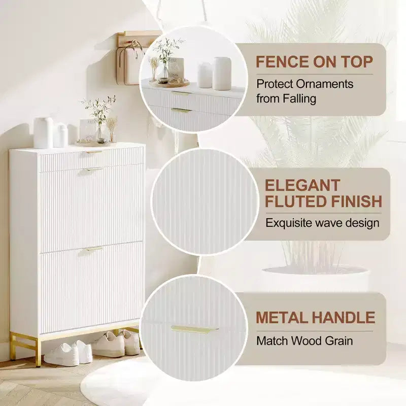 Fluted Shoe Storage Cabinet w/2 Flip Drawers, Slim Wood Shoe Organizer, Narrow Entryway Furniture w/Storage for Small Spaces, Hallway
