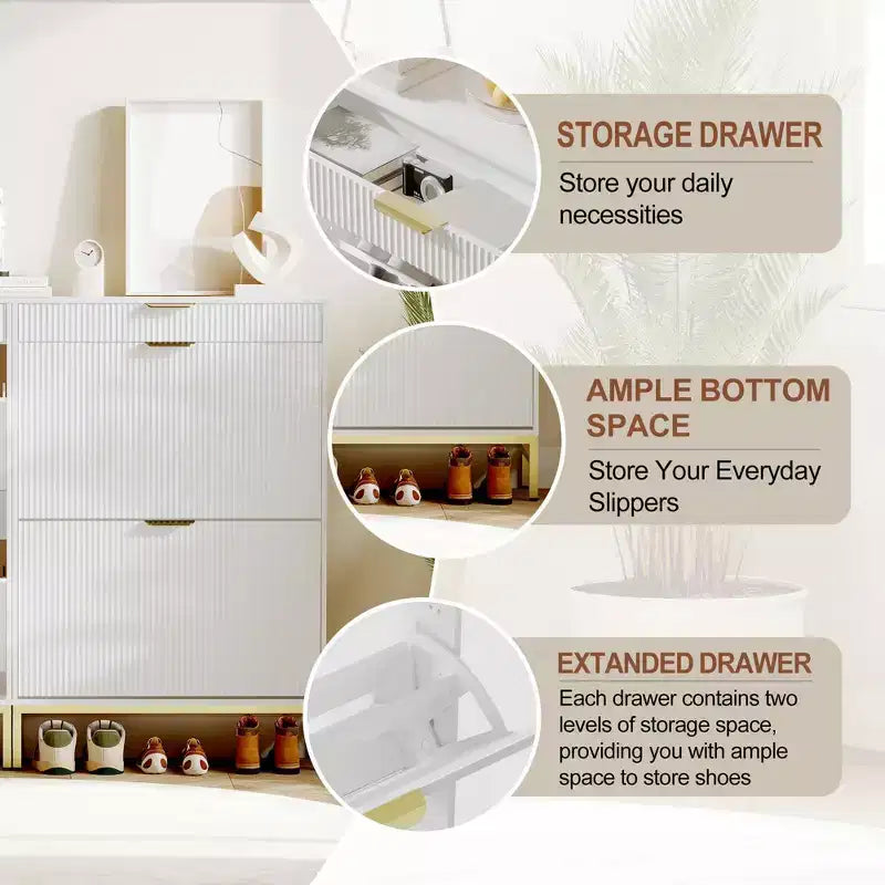 Fluted Shoe Storage Cabinet w/2 Flip Drawers, Slim Wood Shoe Organizer, Narrow Entryway Furniture w/Storage for Small Spaces, Hallway