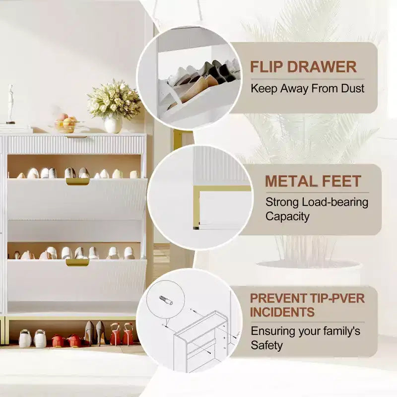 Fluted Shoe Storage Cabinet w/2 Flip Drawers, Slim Wood Shoe Organizer, Narrow Entryway Furniture w/Storage for Small Spaces, Hallway