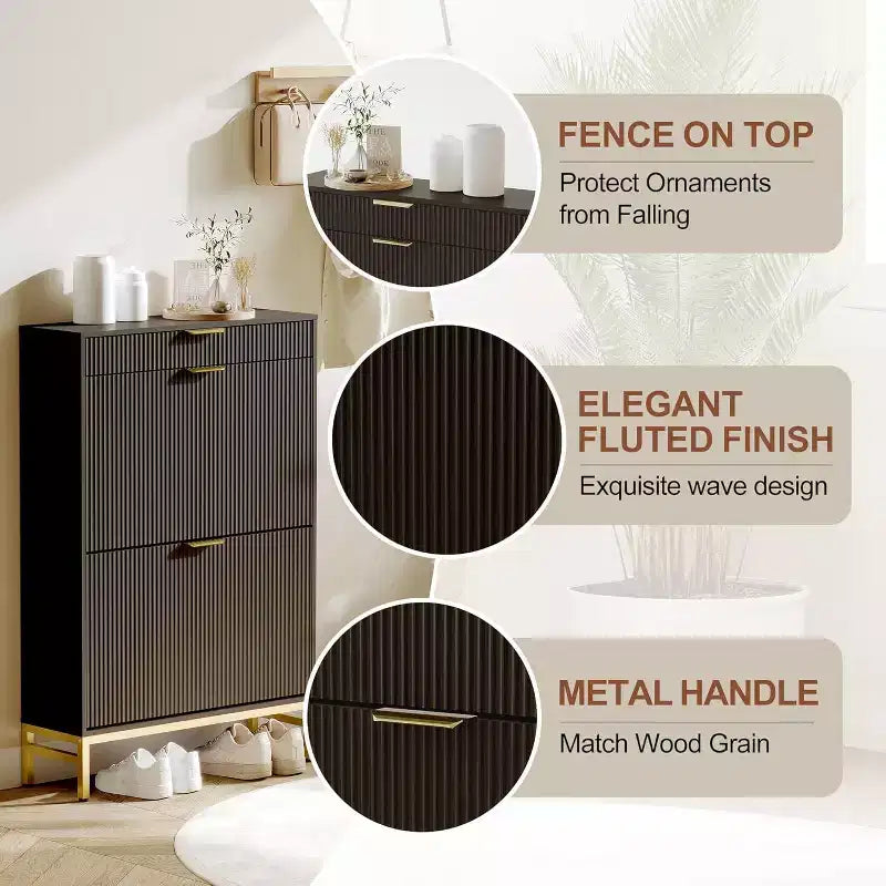 Fluted Shoe Storage Cabinet w/2 Flip Drawers, Slim Wood Shoe Organizer, Narrow Entryway Furniture w/Storage for Small Spaces, Hallway