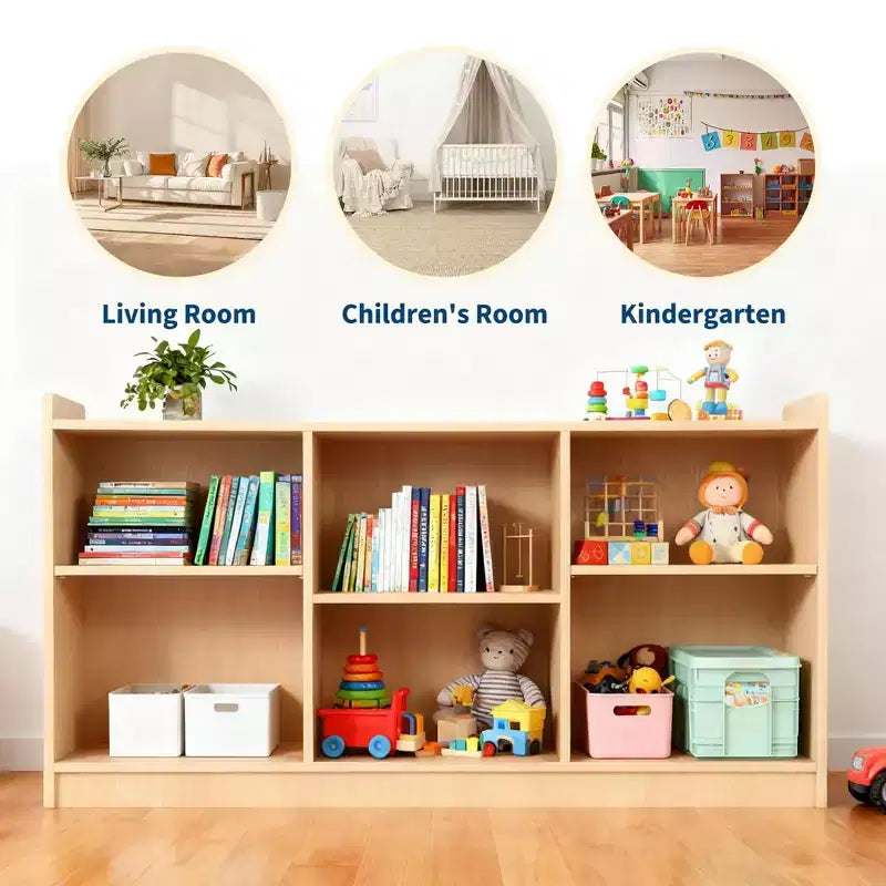 Montessori 6-Compartment Toy & Book Organizer with Adjustable Dividers, Natural Finish Kids' Playroom & Classroom Shelf