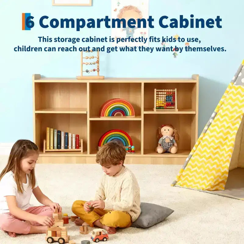 Montessori 6-Compartment Toy & Book Organizer with Adjustable Dividers, Natural Finish Kids' Playroom & Classroom Shelf
