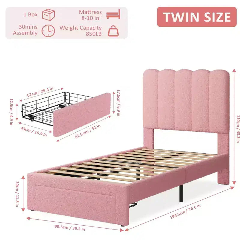 Acekool Kids Twin Bed, Boucle Upholstered Bed Frame with Storage Drawer, Wavy Headboard & Strong Wooden Slats, No Box Spring Needed, Pink