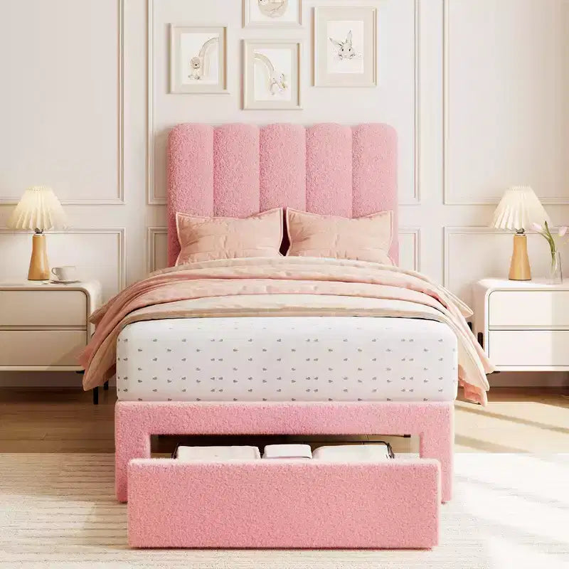 Acekool Kids Twin Bed, Boucle Upholstered Bed Frame with Storage Drawer, Wavy Headboard & Strong Wooden Slats, No Box Spring Needed, Pink