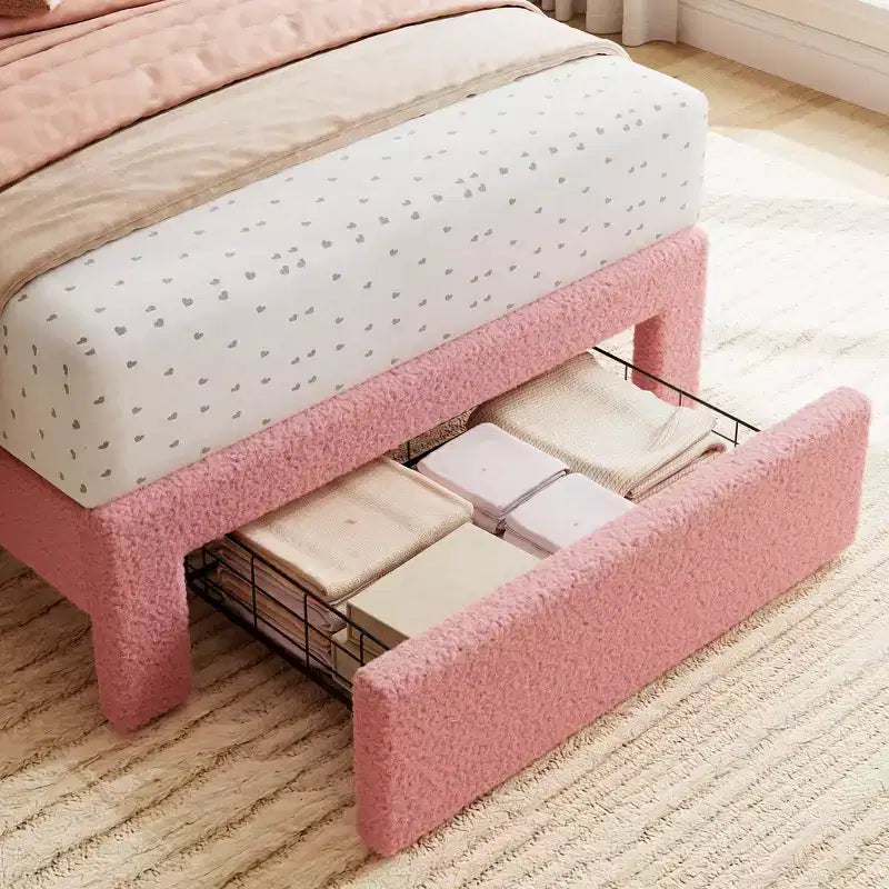 Acekool Kids Twin Bed, Boucle Upholstered Bed Frame with Storage Drawer, Wavy Headboard & Strong Wooden Slats, No Box Spring Needed, Pink
