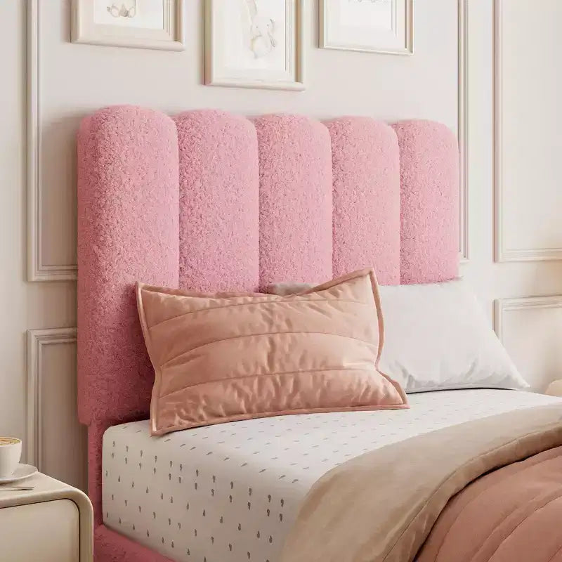 Acekool Kids Twin Bed, Boucle Upholstered Bed Frame with Storage Drawer, Wavy Headboard & Strong Wooden Slats, No Box Spring Needed, Pink