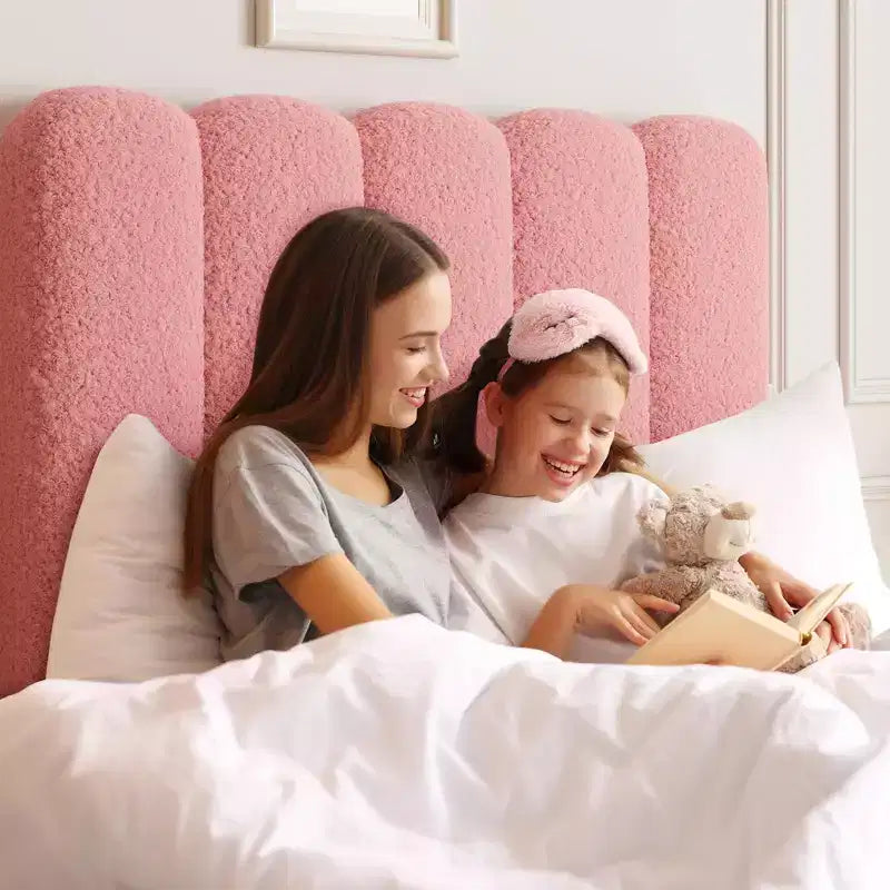 Acekool Kids Twin Bed, Boucle Upholstered Bed Frame with Storage Drawer, Wavy Headboard & Strong Wooden Slats, No Box Spring Needed, Pink