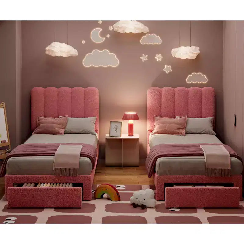Acekool Kids Twin Bed, Boucle Upholstered Bed Frame with Storage Drawer, Wavy Headboard & Strong Wooden Slats, No Box Spring Needed, Pink