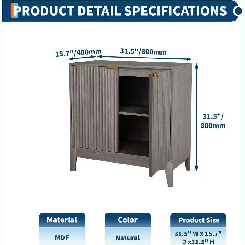 32'' Fluted Cabinet with Storage, 2 Doors Sideboard Buffet, Mid Century Modern Accent Cabinet with Adjustable Shelves