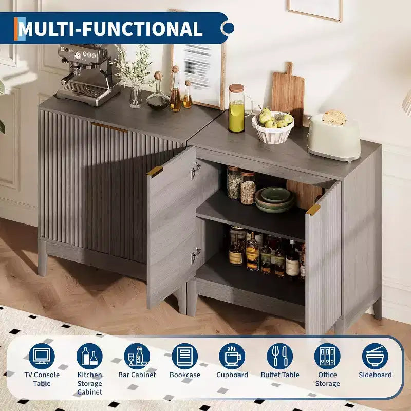 32'' Fluted Cabinet with Storage, 2 Doors Sideboard Buffet, Mid Century Modern Accent Cabinet with Adjustable Shelves