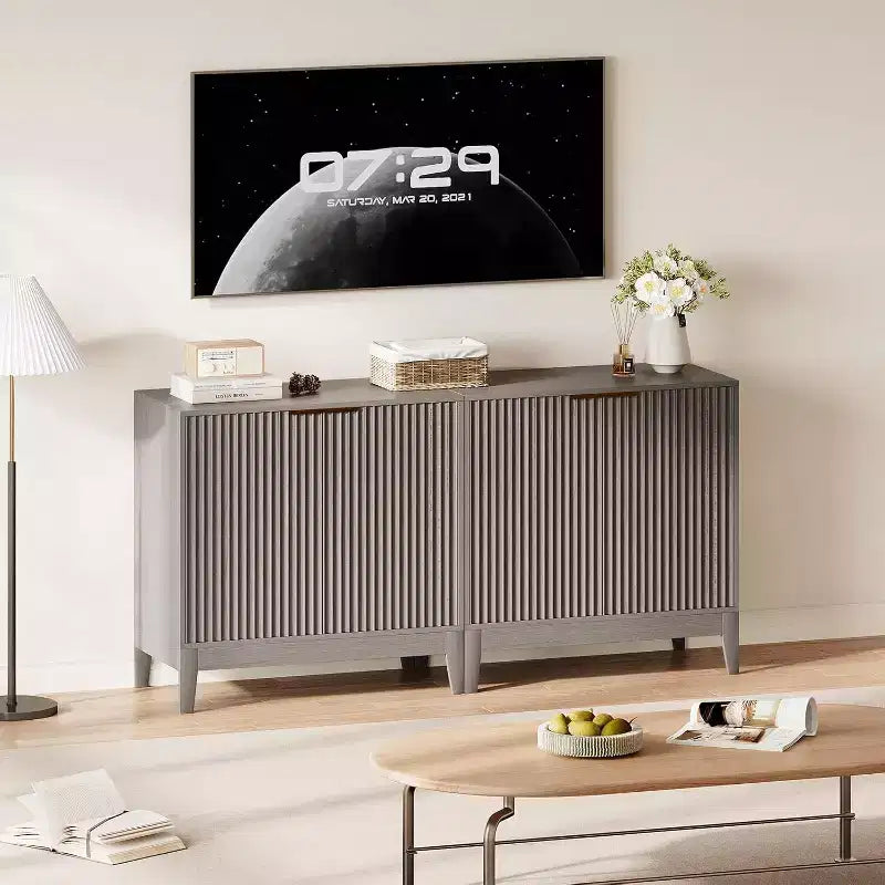 32'' Fluted Cabinet with Storage, 2 Doors Sideboard Buffet, Mid Century Modern Accent Cabinet with Adjustable Shelves
