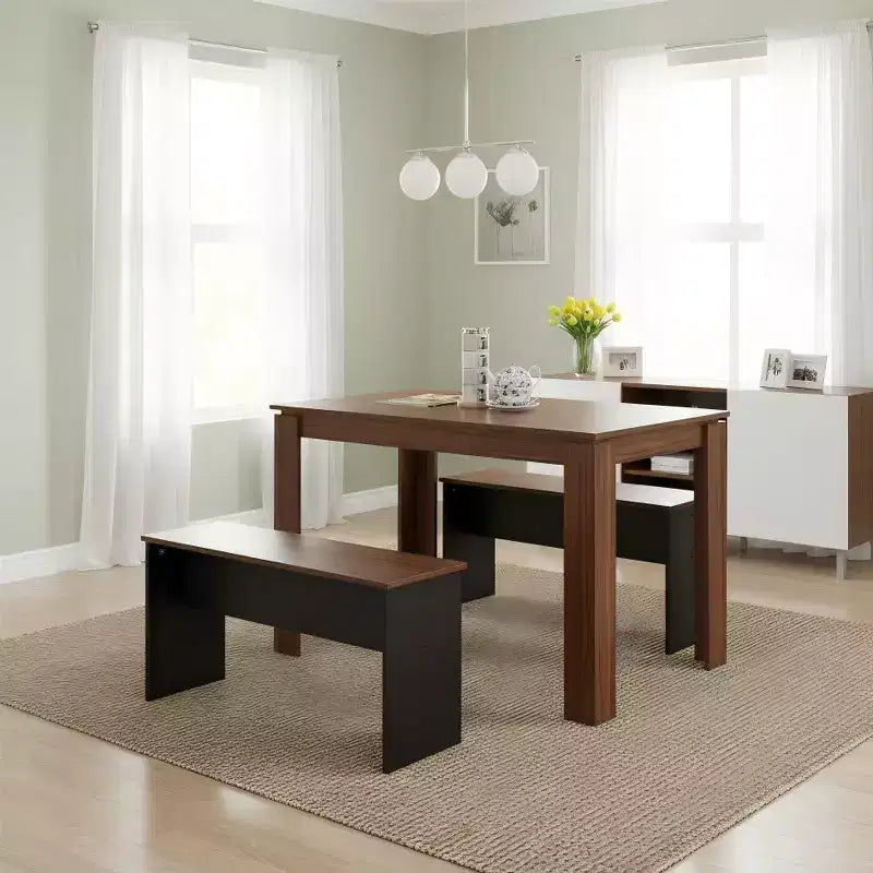 FurnitureR 47.2 Dining Table Set with 2 Benches, Modern MDF Wood Table and Seating Set, Space-Saving Dining Furniture for Kitchen & Dining Room