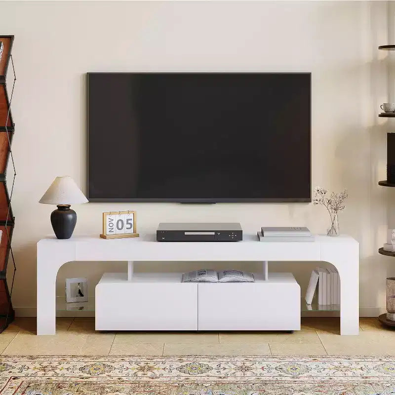 Modern TV Stand for 50-75 Inch TVs, White Finish Entertainment Center with View Window and Large Storage Drawer, Multi-Functional Media Console