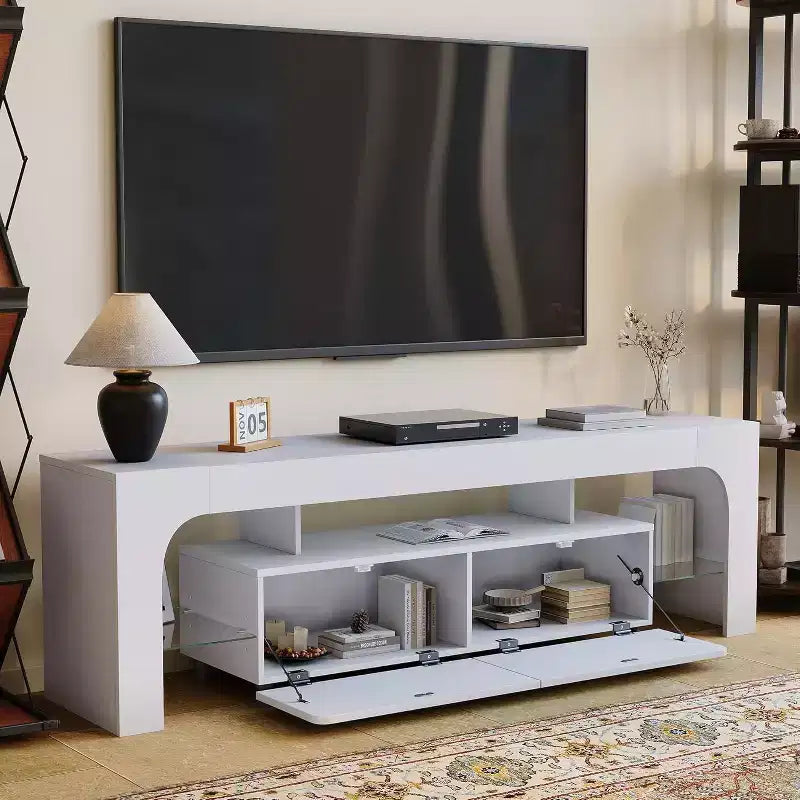 Modern TV Stand for 50-75 Inch TVs, White Finish Entertainment Center with View Window and Large Storage Drawer, Multi-Functional Media Console
