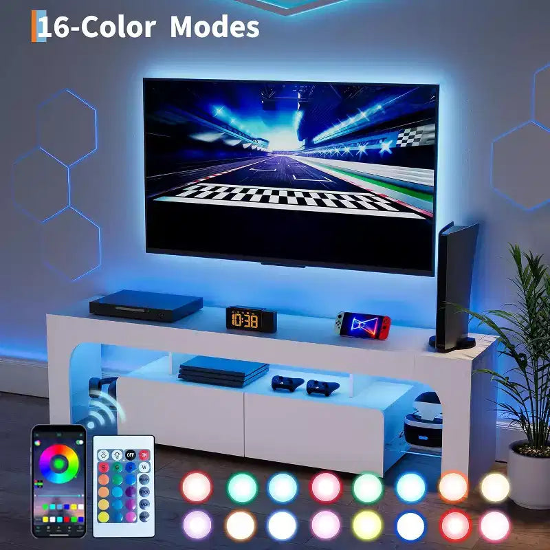Modern TV Stand for 50-75 Inch TVs, White Finish Entertainment Center with View Window and Large Storage Drawer, Multi-Functional Media Console