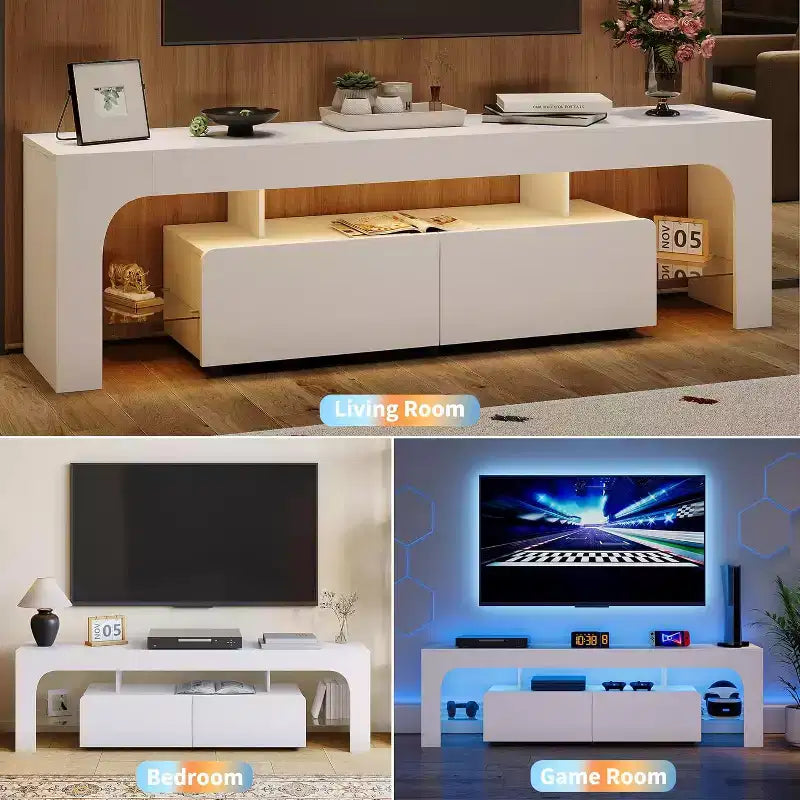 Modern TV Stand for 50-75 Inch TVs, White Finish Entertainment Center with View Window and Large Storage Drawer, Multi-Functional Media Console