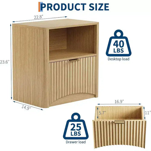 23 Inch Oak Nightstand, Waterproof Surface Bedside Table with Drawer & Storage, Mid Century Modern Fluted End Table