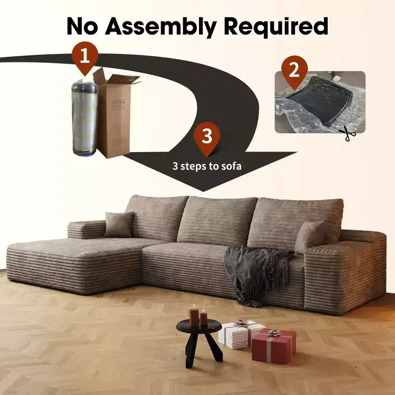 107 Inch Plush Corduroy Fabric Black Cloud Sectional Couch with L-Shape Chaise Modern Modular Sofa with Deep Seat for Living Room Apartment