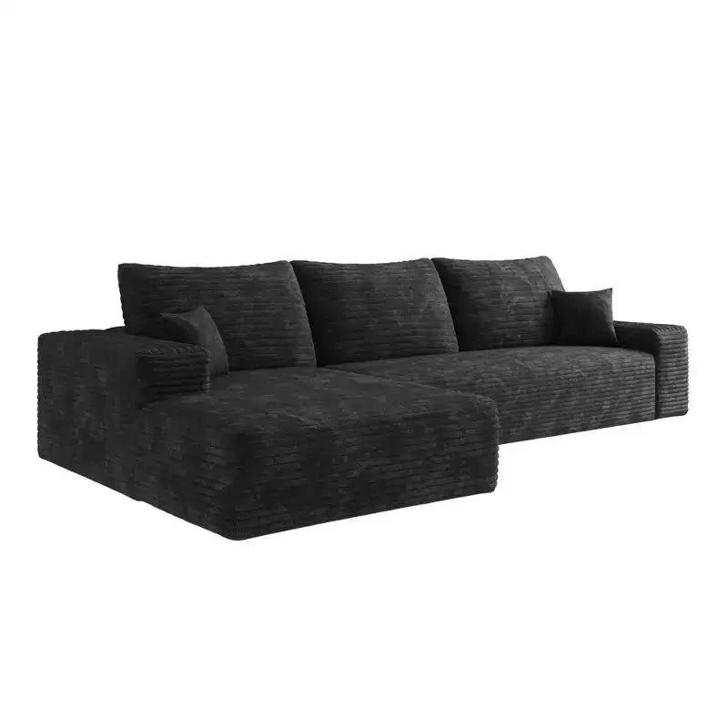 107 Inch Plush Corduroy Fabric Black Cloud Sectional Couch with L-Shape Chaise Modern Modular Sofa with Deep Seat for Living Room Apartment