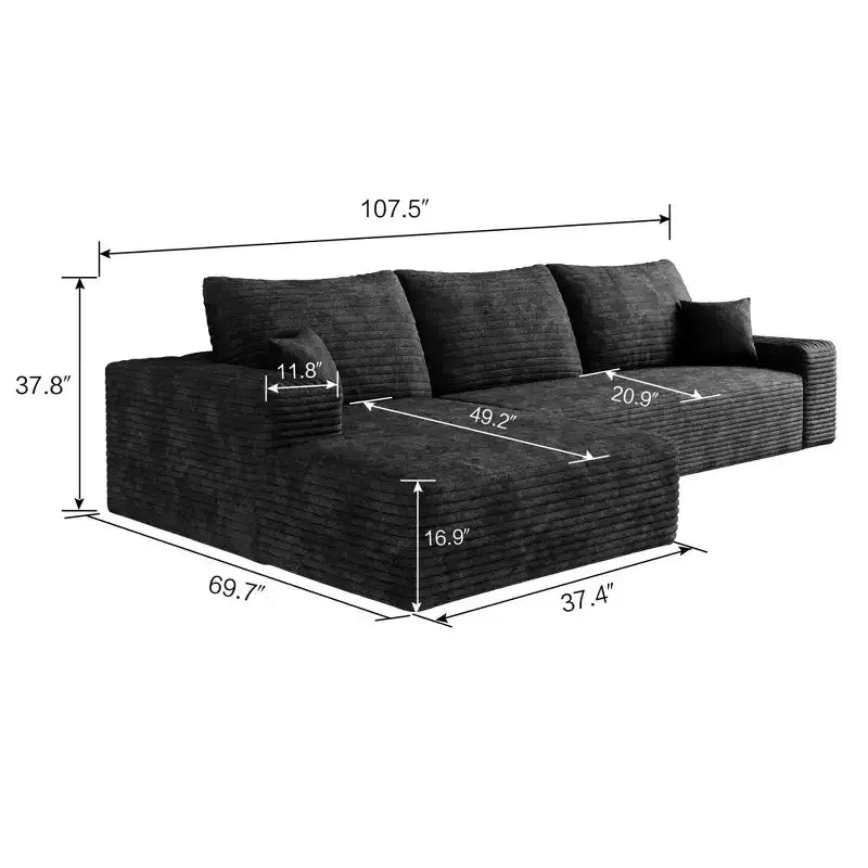 107 Inch Plush Corduroy Fabric Black Cloud Sectional Couch with L-Shape Chaise Modern Modular Sofa with Deep Seat for Living Room Apartment