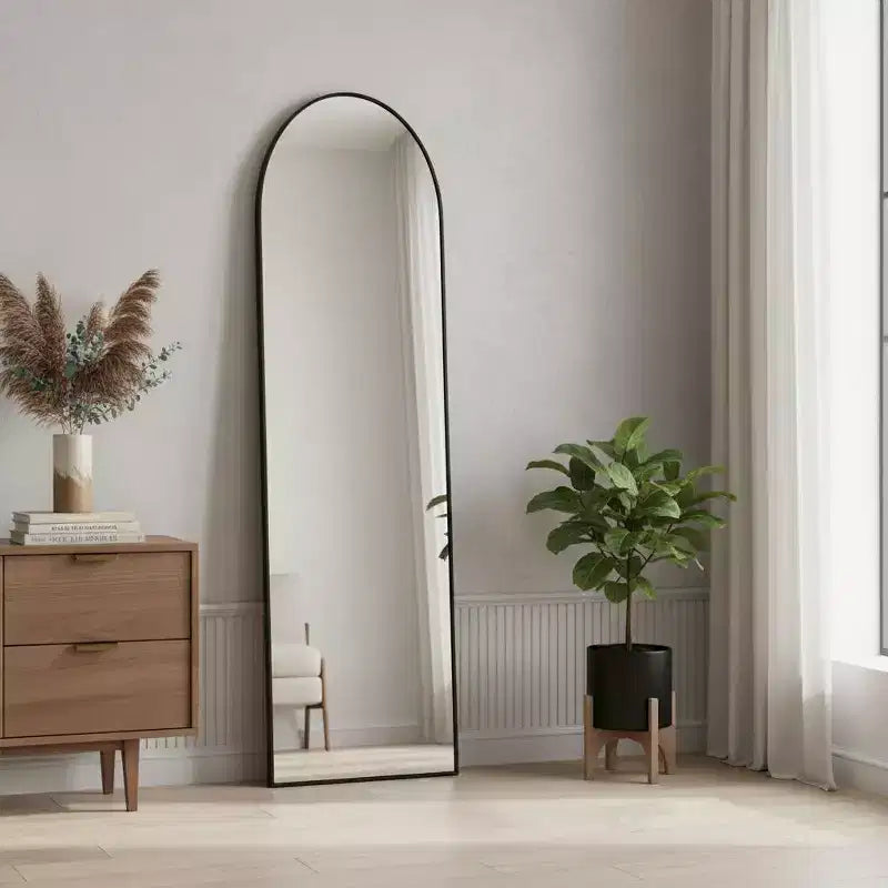 HomeRoots Black Aluminum Arch Freestanding Or Wall Mount Framed Full Length Mirror