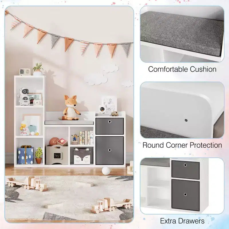 Toy Storage Organizer with Reading Nook White Bookcase Seat Cushion Wooden 6-Cubby Storage Bench 2 Drawers Toddler Cabinet Shelf for Kids Room