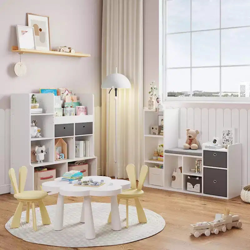 Toy Storage Organizer with Reading Nook White Bookcase Seat Cushion Wooden 6-Cubby Storage Bench 2 Drawers Toddler Cabinet Shelf for Kids Room