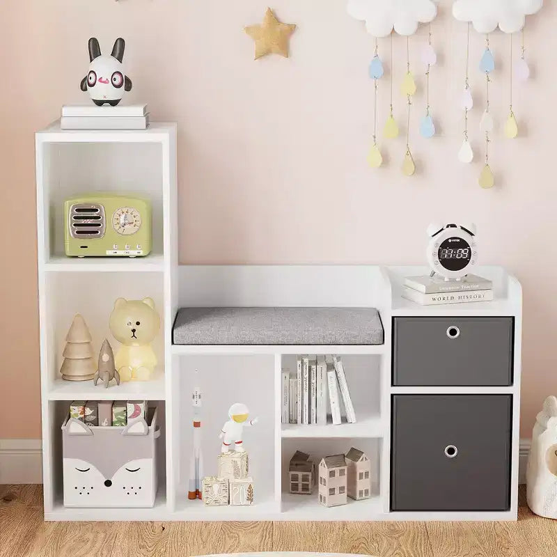 Toy Storage Organizer with Reading Nook White Bookcase Seat Cushion Wooden 6-Cubby Storage Bench 2 Drawers Toddler Cabinet Shelf for Kids Room