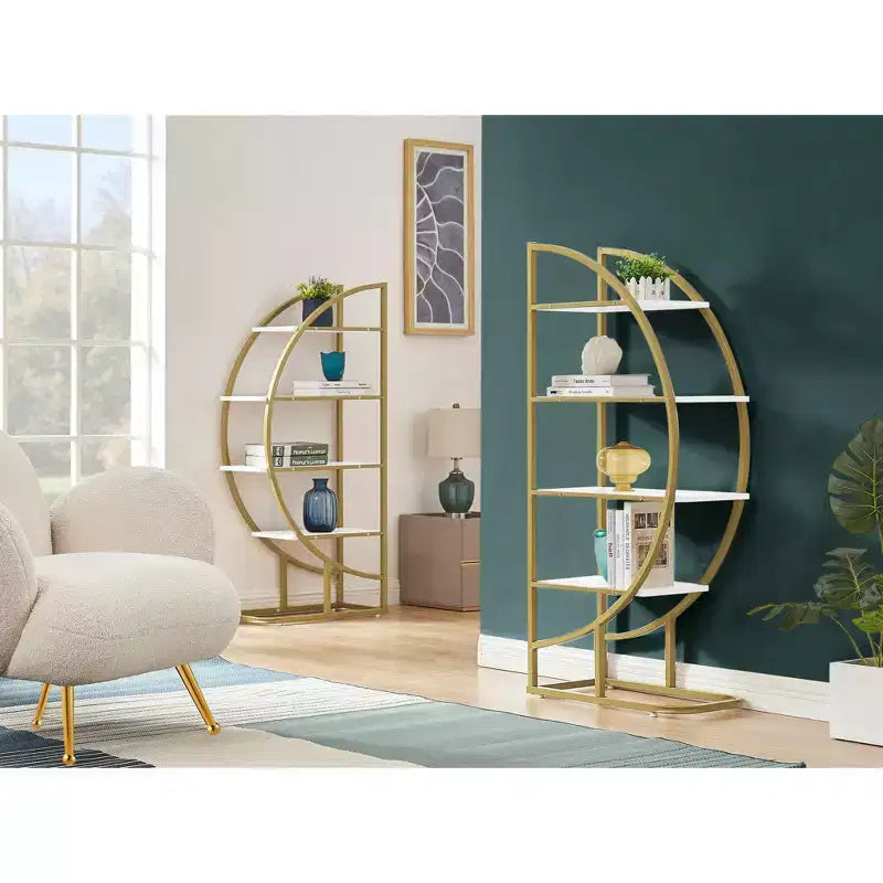 MAYEERTY 4 Tier Round Bookshelf, MDF Board Gold Metal Frame, Home Office, White