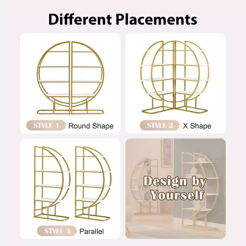 MAYEERTY 4 Tier Round Bookshelf, MDF Board Gold Metal Frame, Home Office, White
