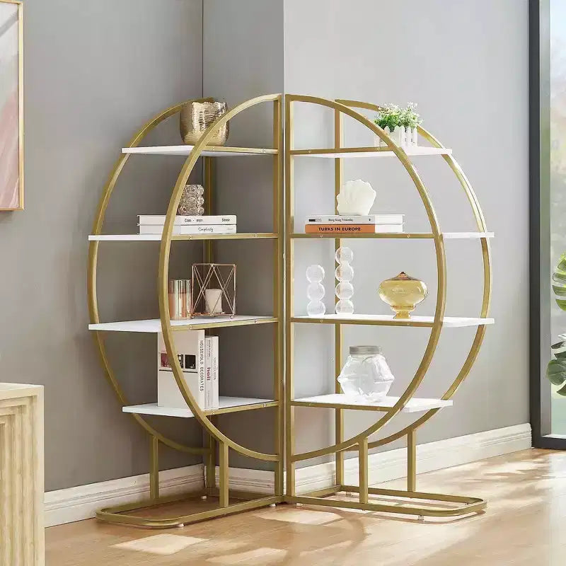 MAYEERTY 4 Tier Round Bookshelf, MDF Board Gold Metal Frame, Home Office, White