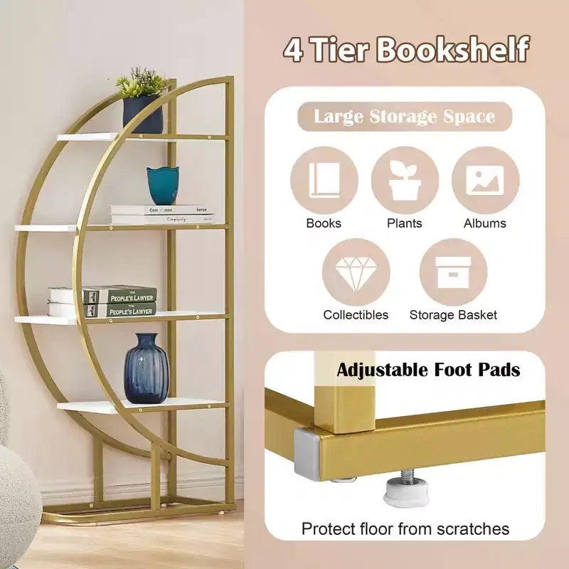 MAYEERTY 4 Tier Round Bookshelf, MDF Board Gold Metal Frame, Home Office, White