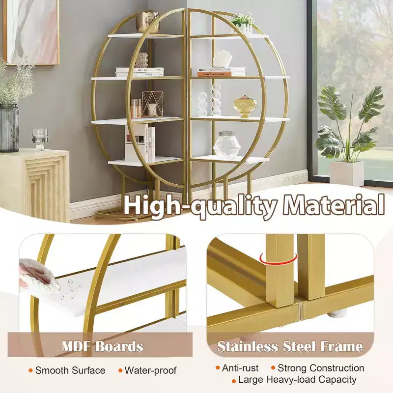 MAYEERTY 4 Tier Round Bookshelf, MDF Board Gold Metal Frame, Home Office, White
