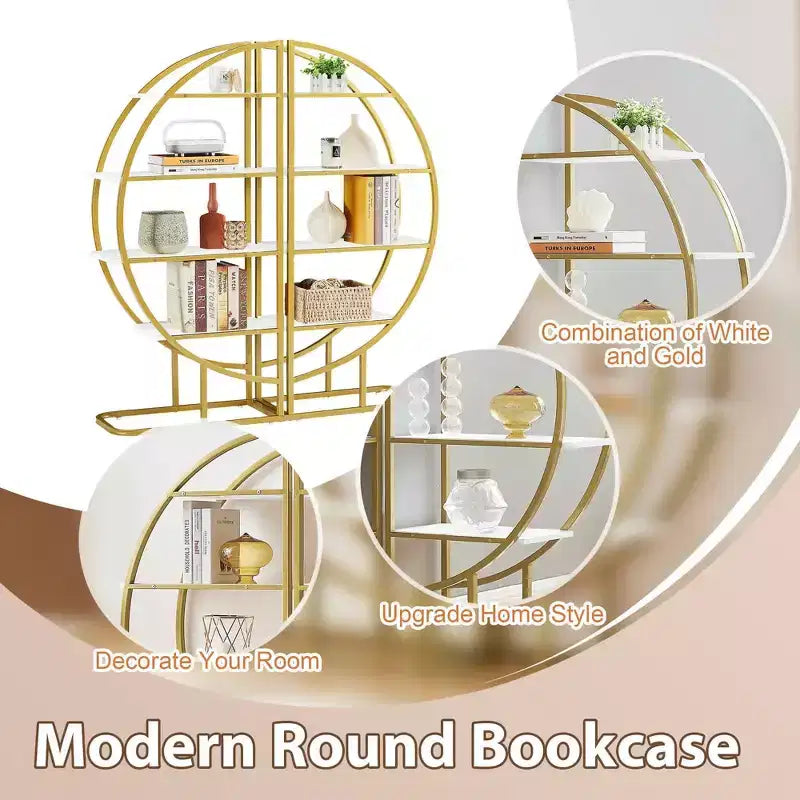 MAYEERTY 4 Tier Round Bookshelf, MDF Board Gold Metal Frame, Home Office, White