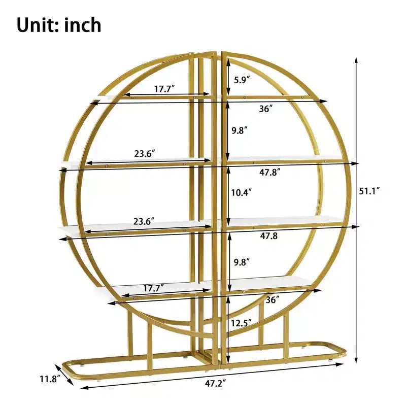 MAYEERTY 4 Tier Round Bookshelf, MDF Board Gold Metal Frame, Home Office, White