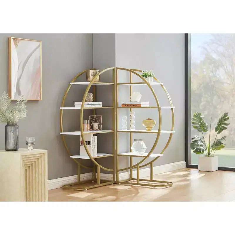 MAYEERTY 4 Tier Round Bookshelf, MDF Board Gold Metal Frame, Home Office, White