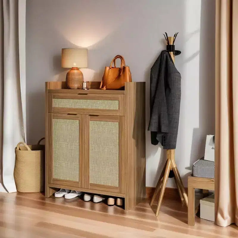 32.4 Farmhouse Rattan Shoe Cabinet - Boho Style 5-Tier Storage Organizer with Doors & Shelves for Entryway, Hallway & Closet (Oak Finish)