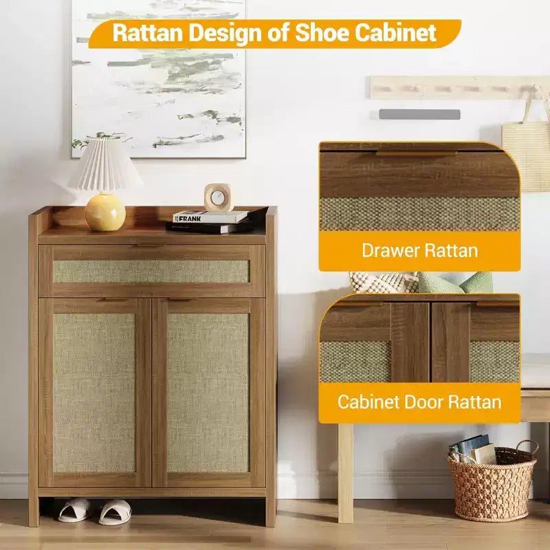 32.4 Farmhouse Rattan Shoe Cabinet - Boho Style 5-Tier Storage Organizer with Doors & Shelves for Entryway, Hallway & Closet (Oak Finish)