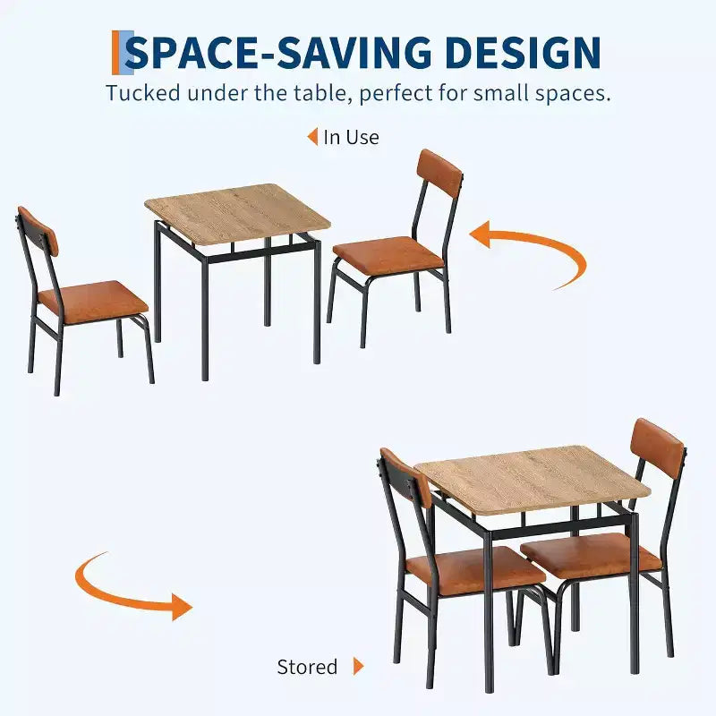 3-Piece Dining Set with 2 Padded Chairs,Tone Finish Table and Chair Set for Home and Apartment, Space Saving Design with Easy to Clean Surface, Brown