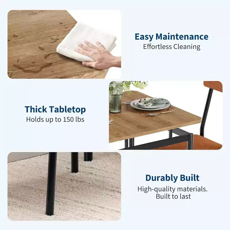 3-Piece Dining Set with 2 Padded Chairs,Tone Finish Table and Chair Set for Home and Apartment, Space Saving Design with Easy to Clean Surface, Brown