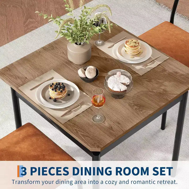 3-Piece Dining Set with 2 Padded Chairs,Tone Finish Table and Chair Set for Home and Apartment, Space Saving Design with Easy to Clean Surface, Brown