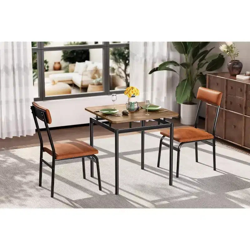 3-Piece Dining Set with 2 Padded Chairs,Tone Finish Table and Chair Set for Home and Apartment, Space Saving Design with Easy to Clean Surface, Brown