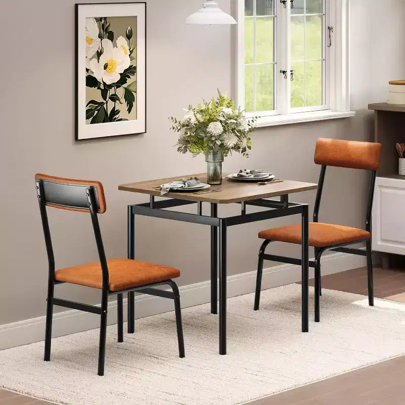 3-Piece Dining Set with 2 Padded Chairs,Tone Finish Table and Chair Set for Home and Apartment, Space Saving Design with Easy to Clean Surface, Brown