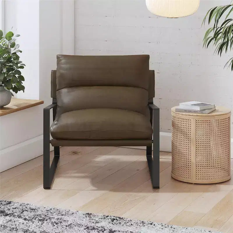 GDFStudio Marlow Faux Leather Upholstered Sling Accent Chair with Metal Frame