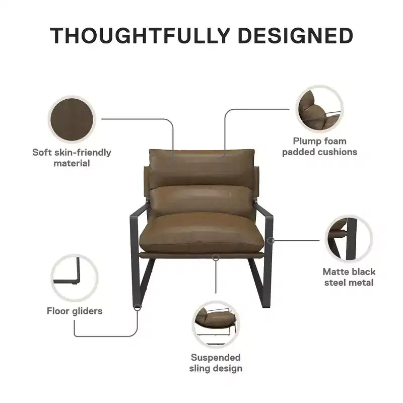GDFStudio Marlow Faux Leather Upholstered Sling Accent Chair with Metal Frame