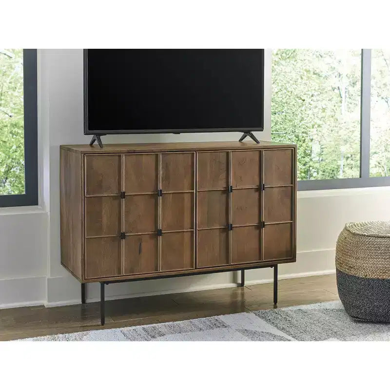 Signature Design by Ashley Juddins Accent Cabinet, Solid Mango Wood Storage Console with Carved Doors, Brown