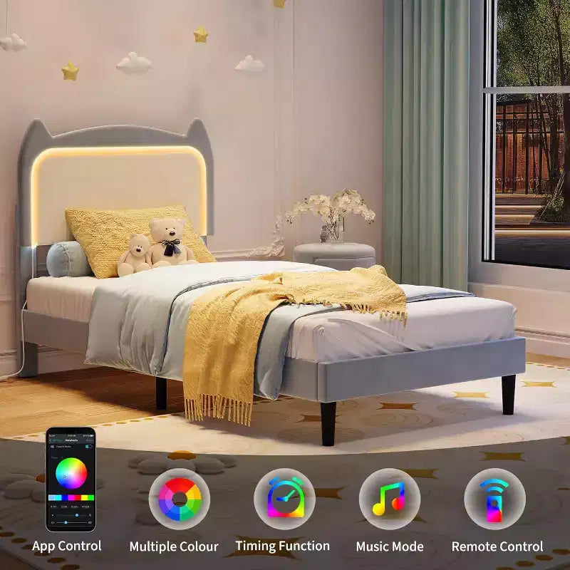 Twin Princess Bed Frame for Girls,Heavy-Duty Bed Leg Supports,Velvet Upholstered Cat Headboard Platform Bed,Enhanced Stability, No Box Spring Needed