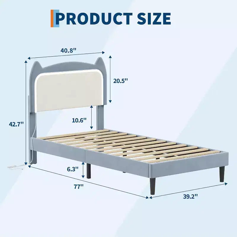 Twin Princess Bed Frame for Girls,Heavy-Duty Bed Leg Supports,Velvet Upholstered Cat Headboard Platform Bed,Enhanced Stability, No Box Spring Needed