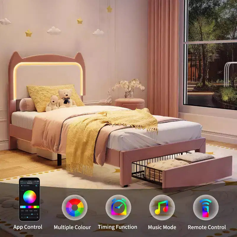 Twin Princess Bed Frame for Girls,Heavy-Duty Bed Leg Supports,Velvet Upholstered Cat Headboard Platform Bed,Enhanced Stability, No Box Spring Needed